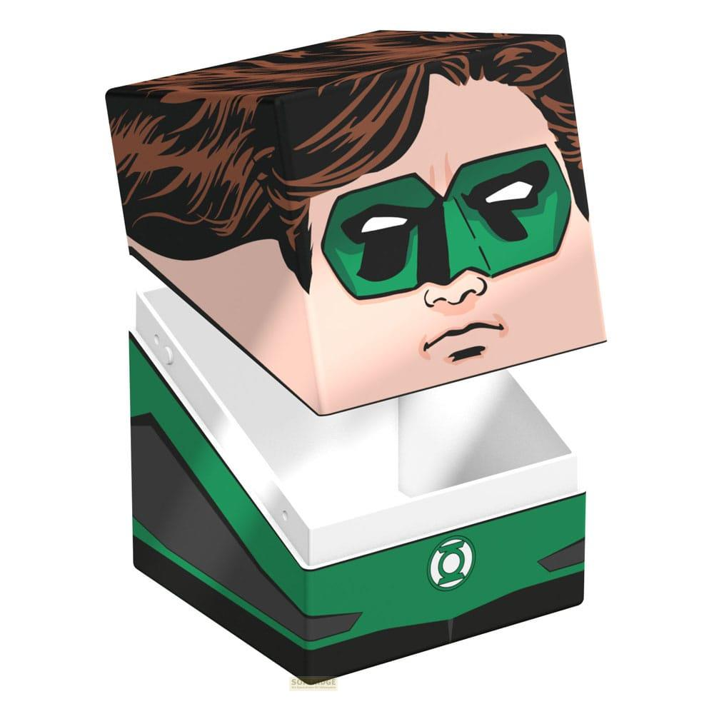 Boîte Lanterne Verte avec visage de BD et symbole.