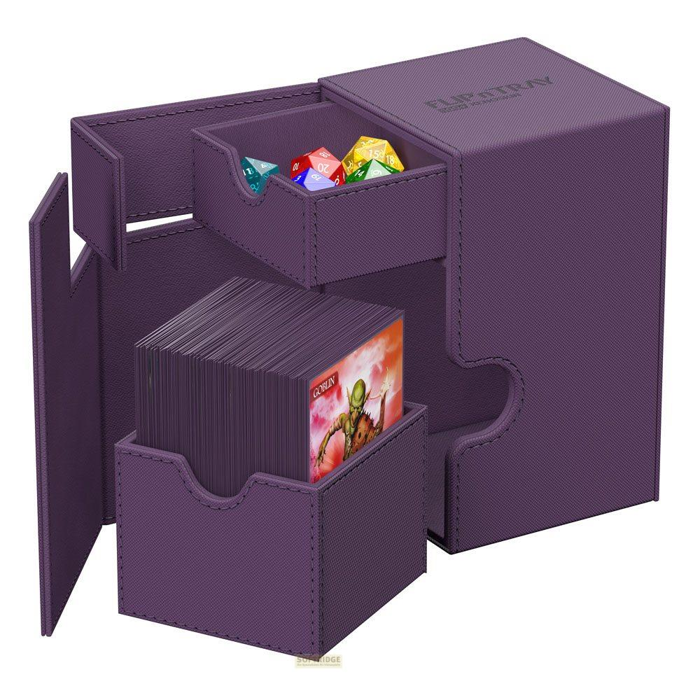 Boîte de rangement violette avec compartiments pour cartes et dés.