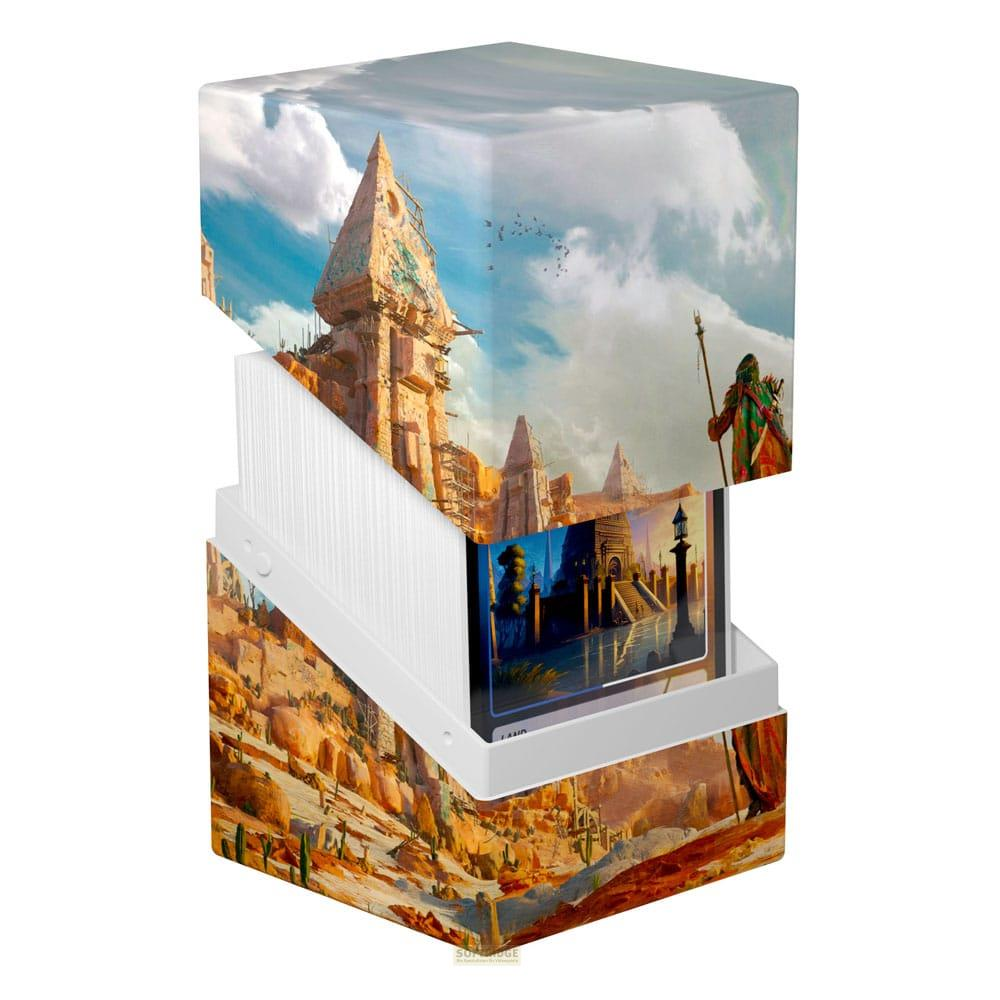 Une boîte de jeu avec art de paysage désertique et architecture.
