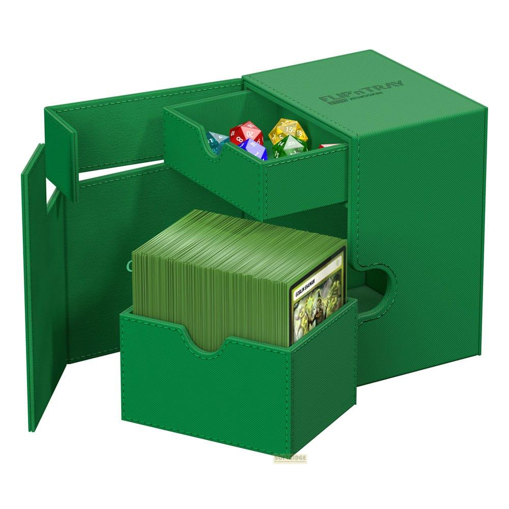 Boîte verte pour jeux de cartes avec tiroir, cartes et dés.