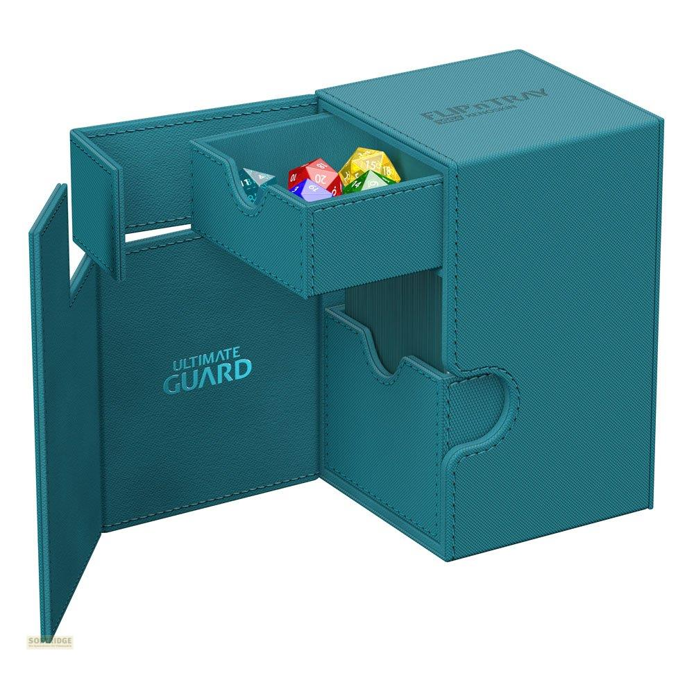 Boîte de rangement de cartes de jeu bleu sarcelle avec plusieurs compartiments.