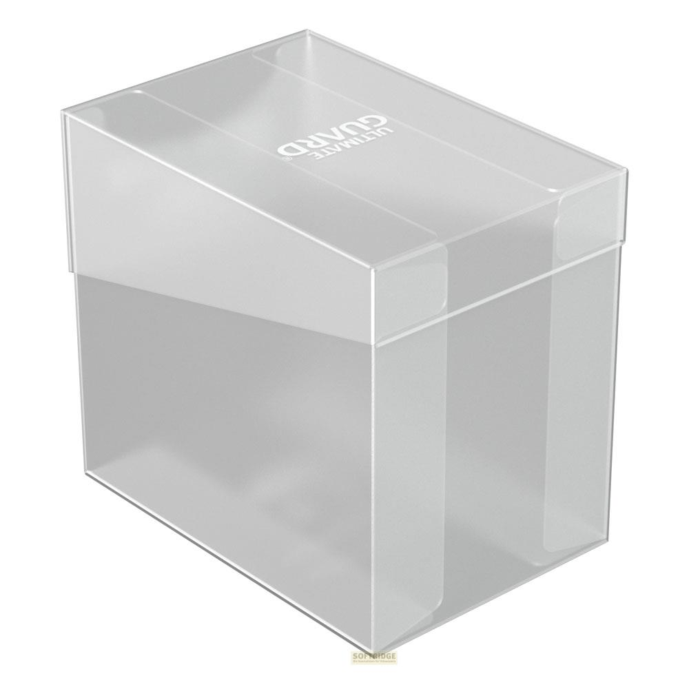 Une boîte de protection de cartes transparente avec logo 'ULTIMATE GUARD'.