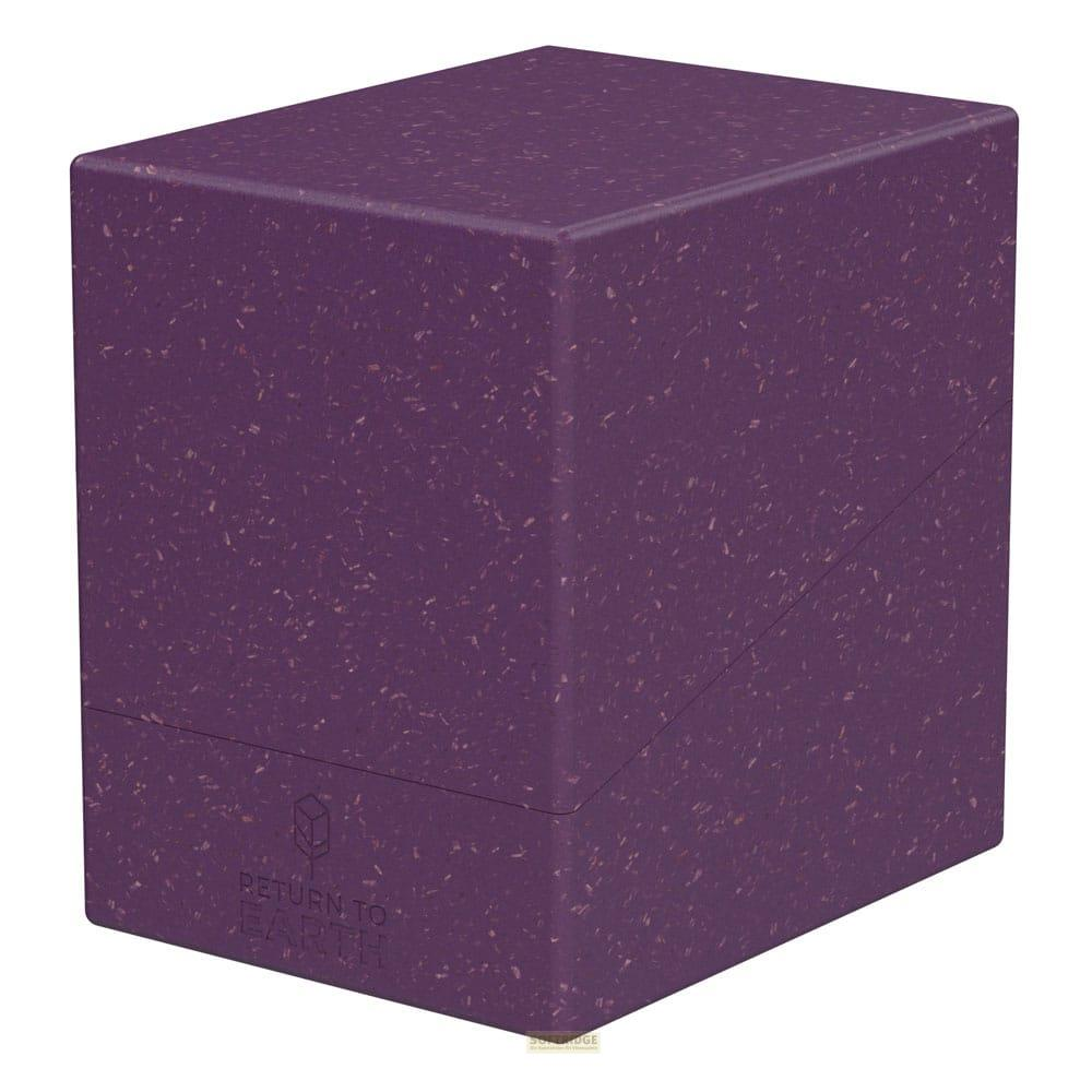 Boîte de rangement violette à texture mouchetée et logo.
