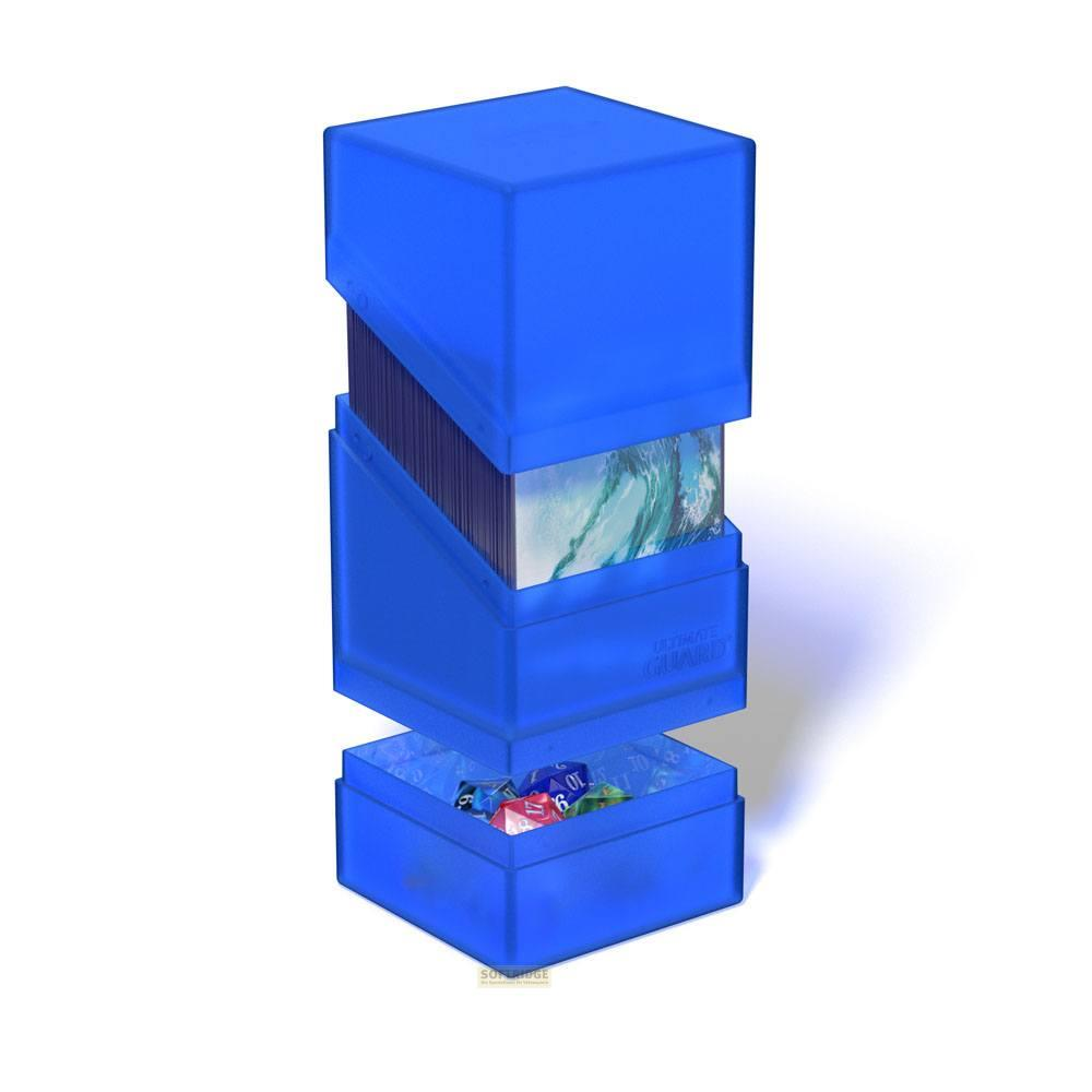 Boîte bleue pour cartes avec dés et image de vagues.