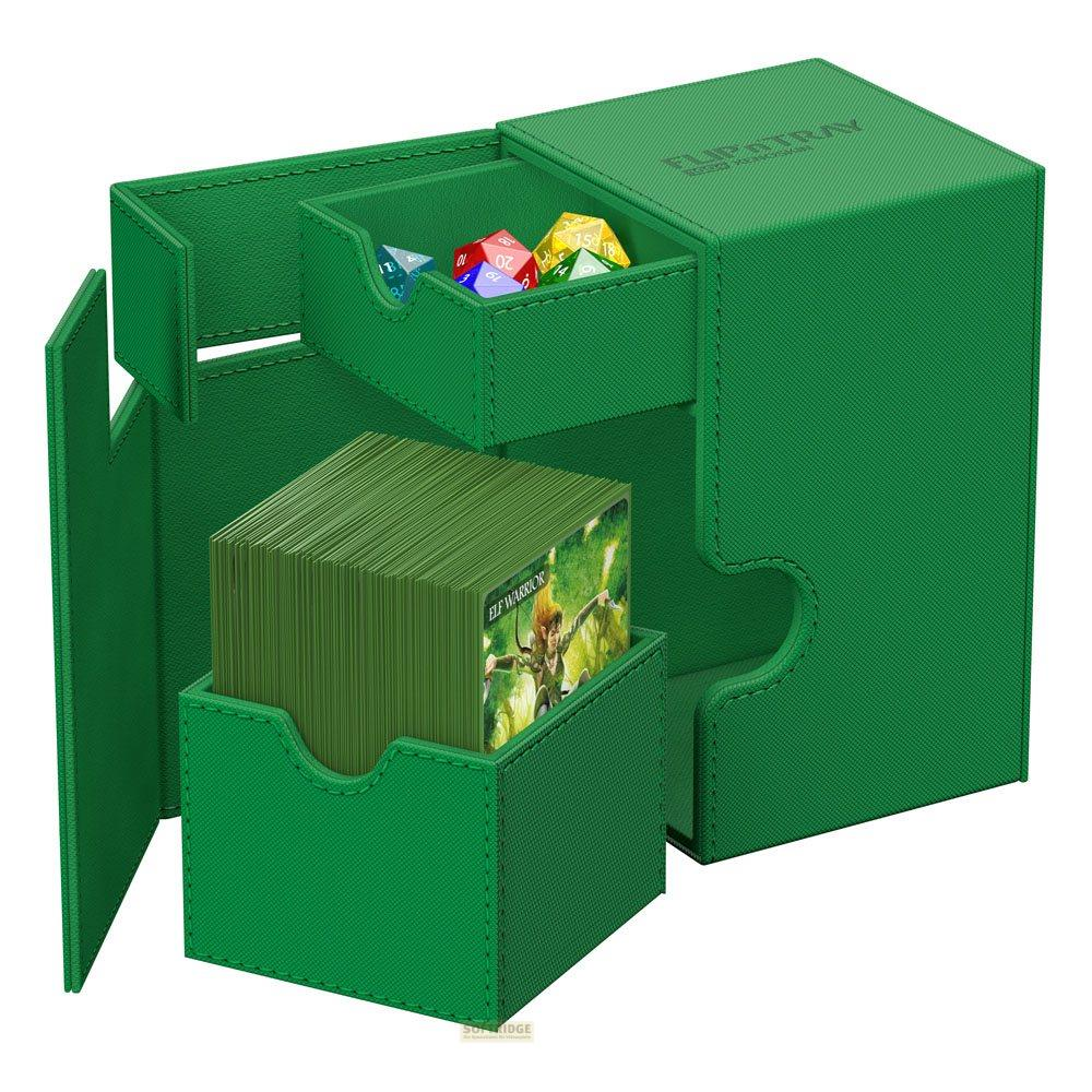 Boîte à cartes verte avec dés et cartes de guerrier elfe. Tiroir ouvert montre dés.