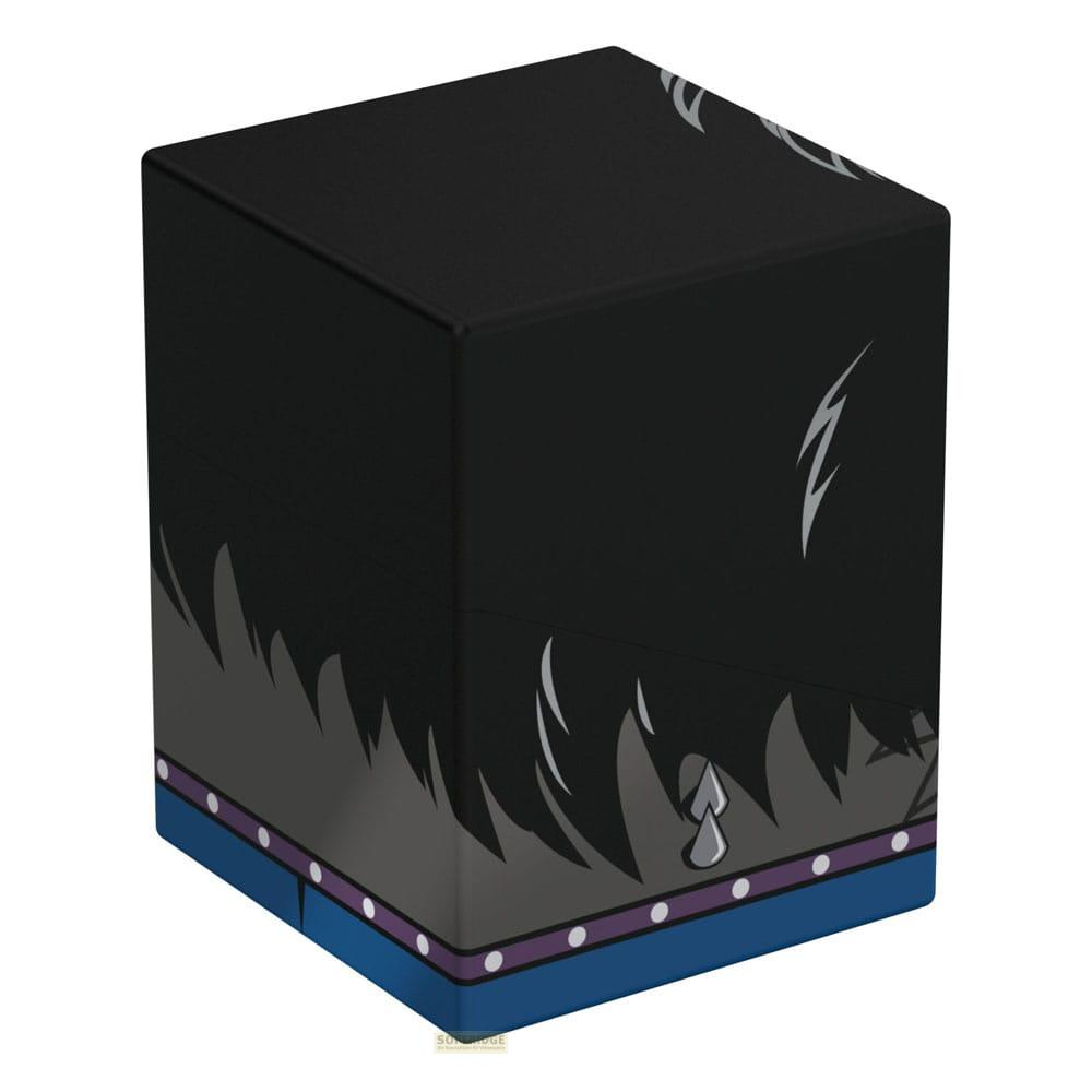 Boîte noire avec art d'anime : cheveux noirs, bordure violette, base bleue.