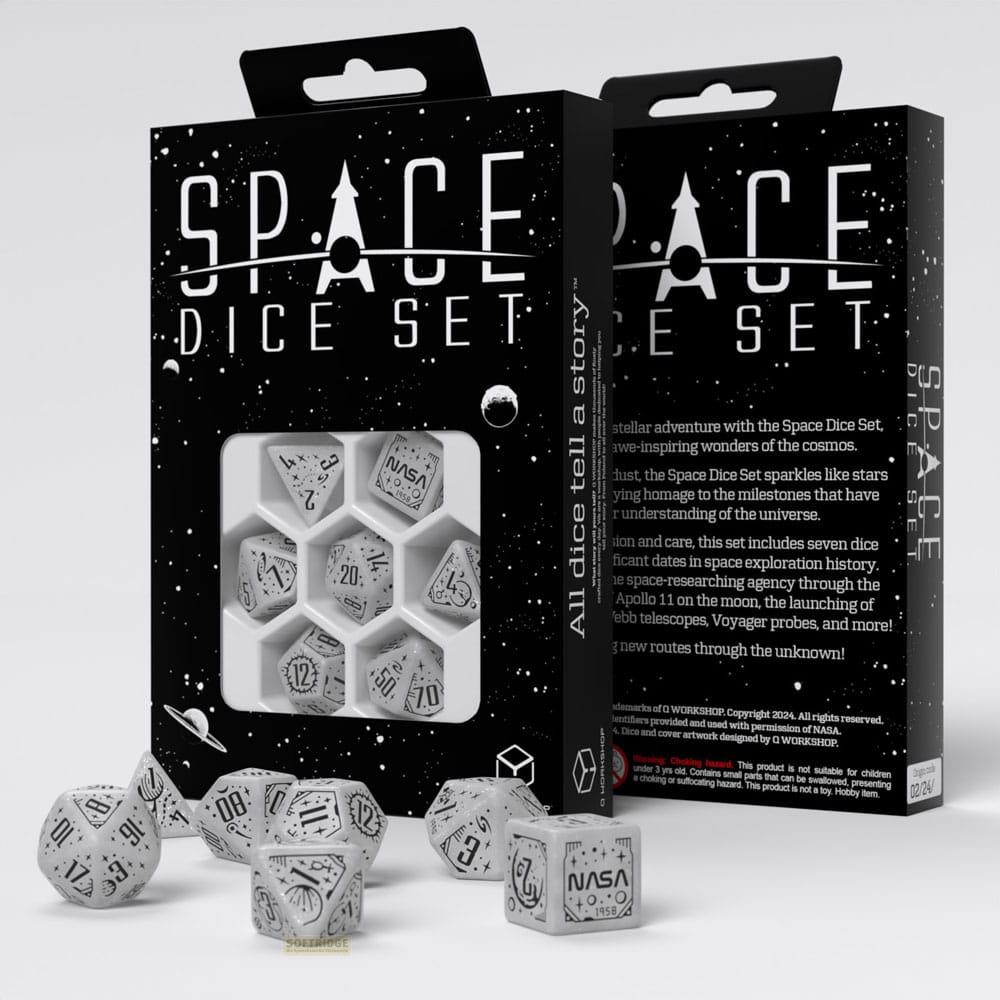 Space Dice Set: Dadi a tema spaziale con logo NASA, alcuni nella scatola.