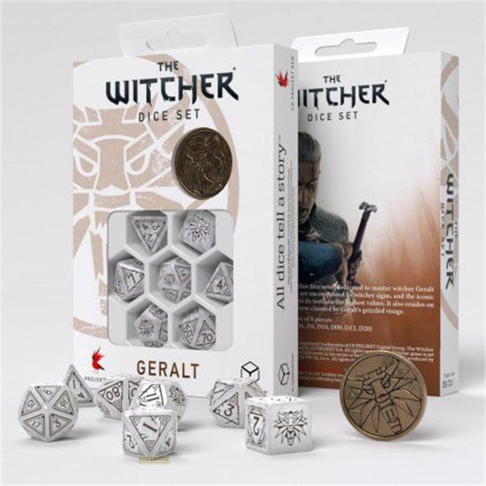Le set de dés The Witcher avec Geralt et une pièce.