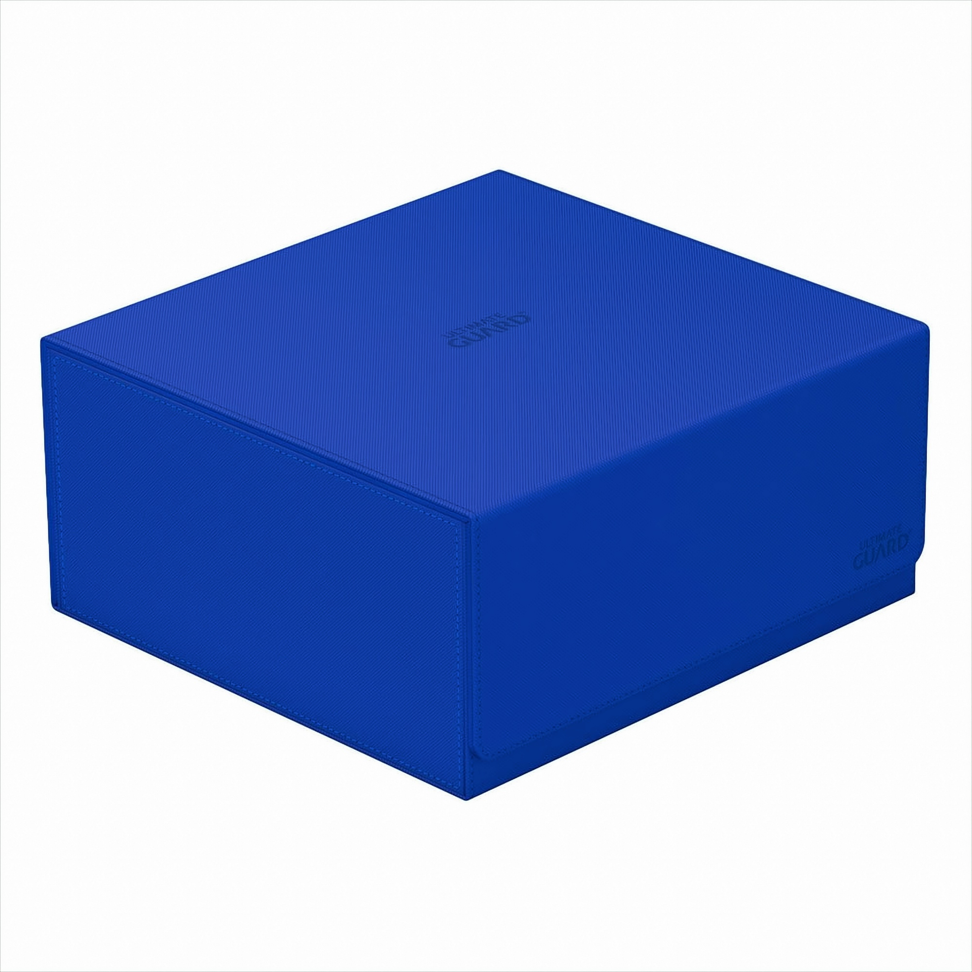 Une boîte de rangement bleue à texture côtelée et logo.