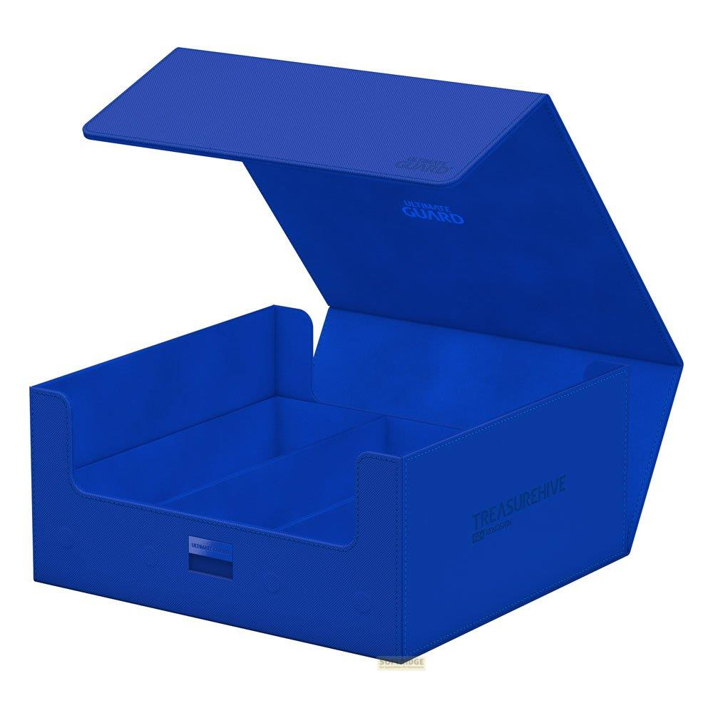 Un porte-cartes bleu avec son couvercle ouvert, révélant des compartiments.