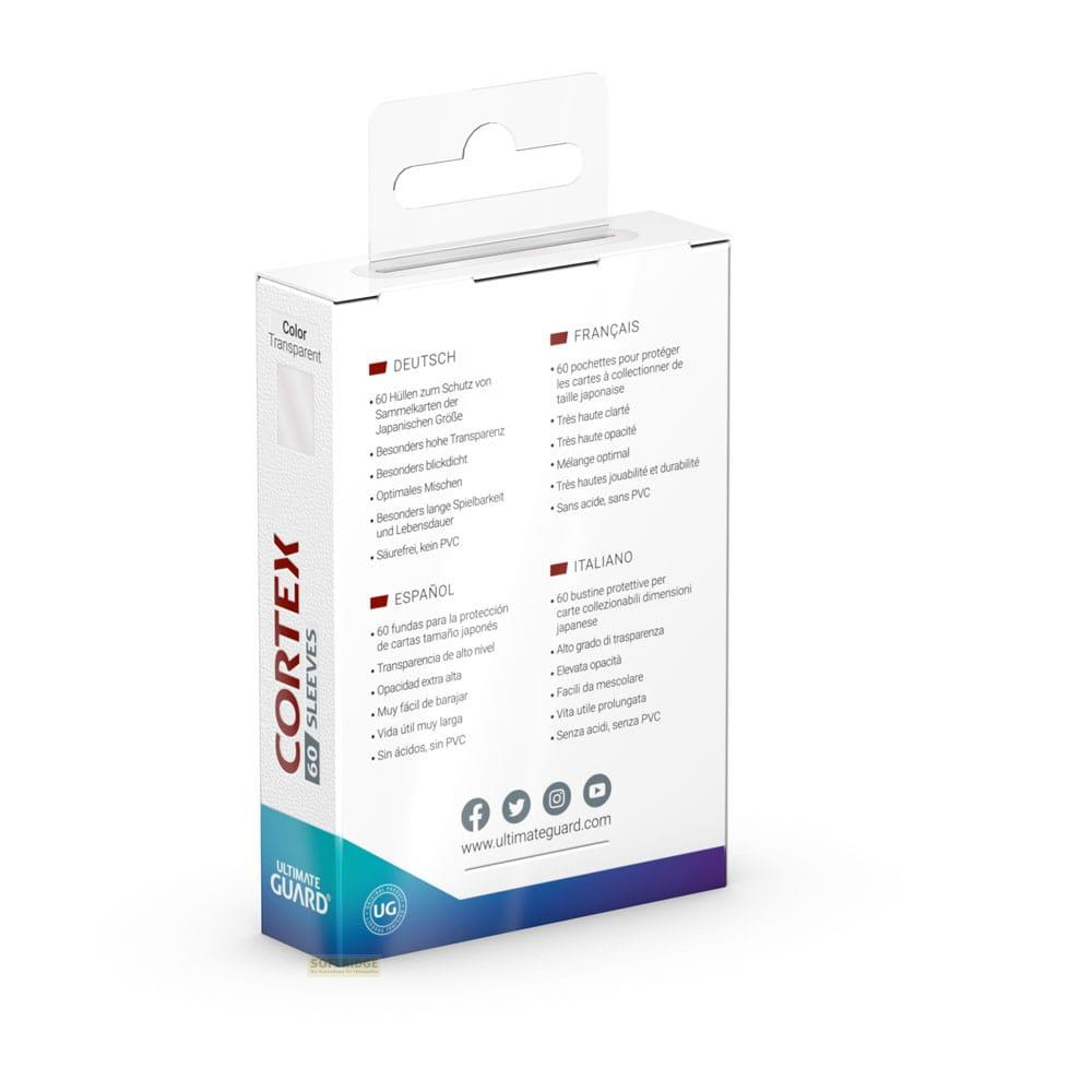 Emballage de pochettes protectrices pour cartes avec impression 'Cortex', '60 Sleeves' et infos produit multilingues.