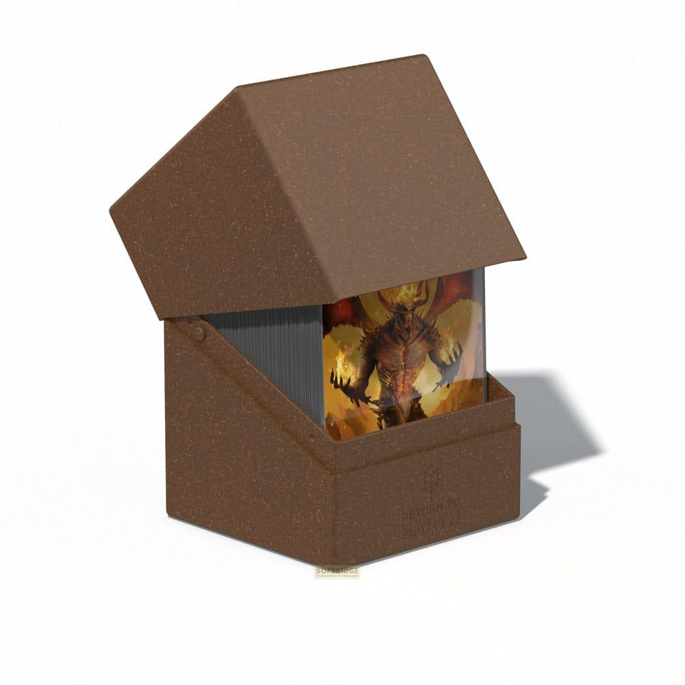 Boîte de cartes marron avec une image de démon sur les cartes.