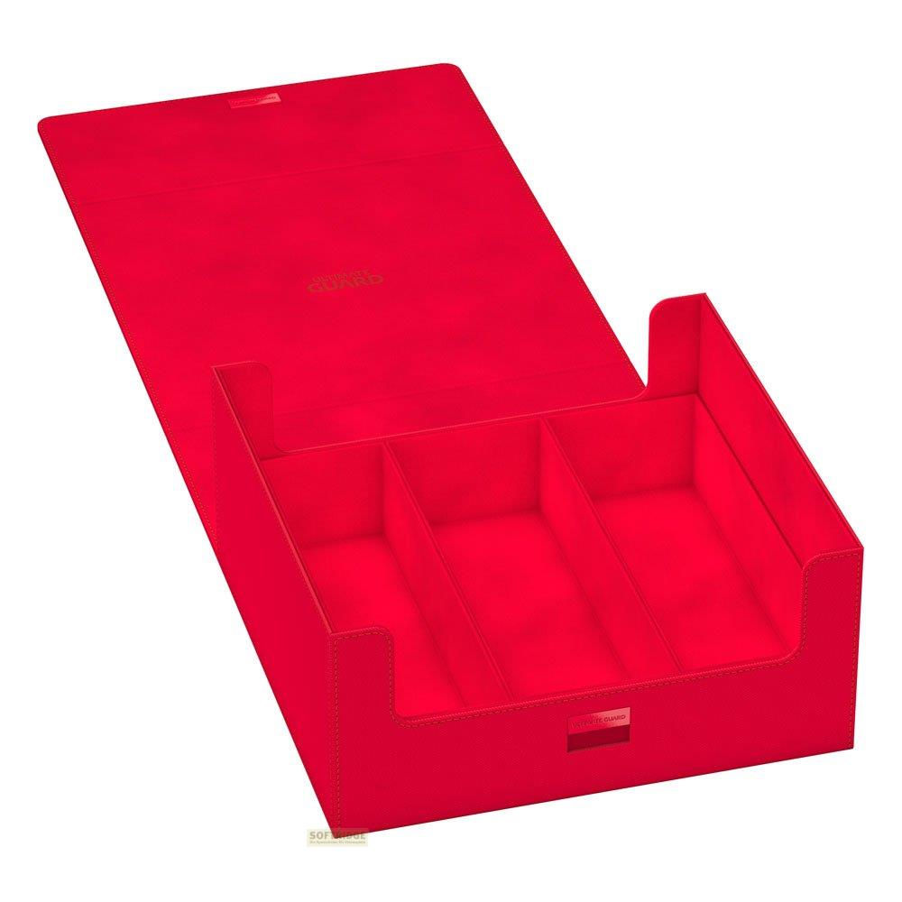 Una scatola rossa aperta per carte con tre scomparti e un coperchio.