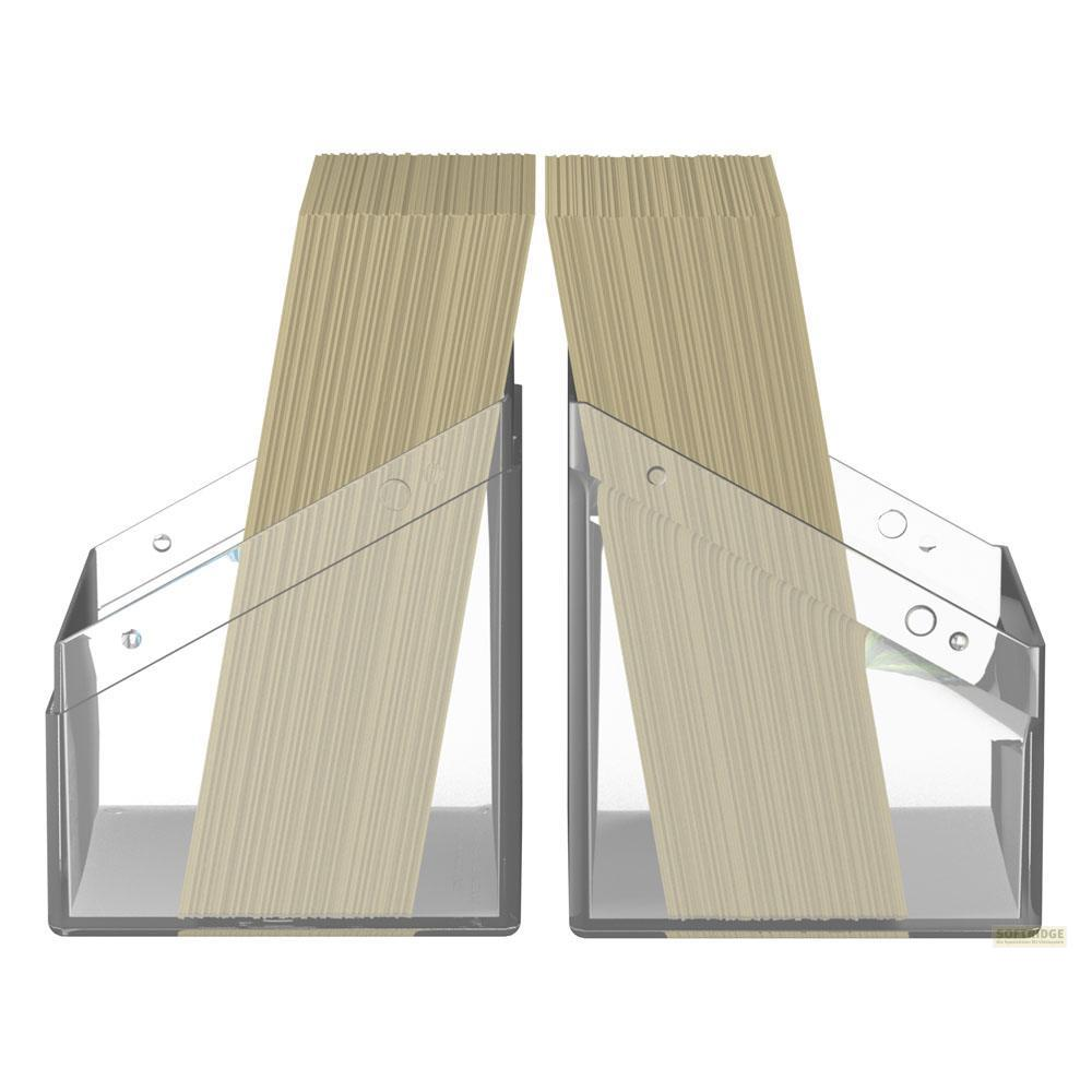 Due organizer trasparenti da scrivania con blocchi note beige.