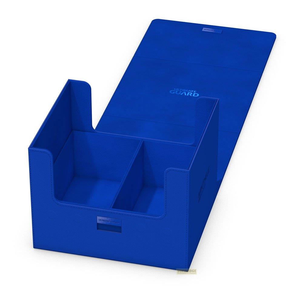 Un porte-cartes bleu à deux compartiments et couvercle rabattable.