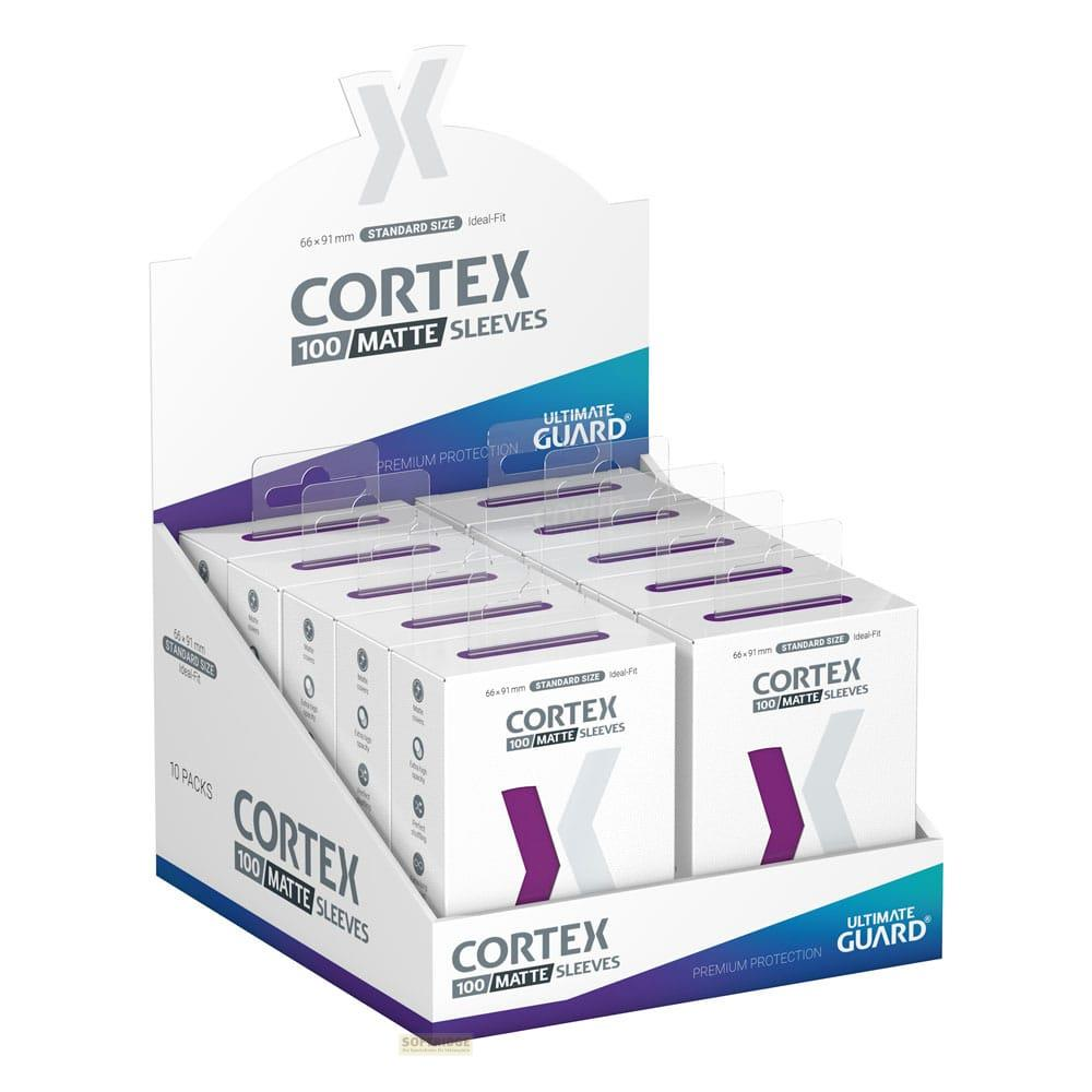 Boîte présentoir remplie de pochettes mates Cortex Ultimate Guard, taille standard.