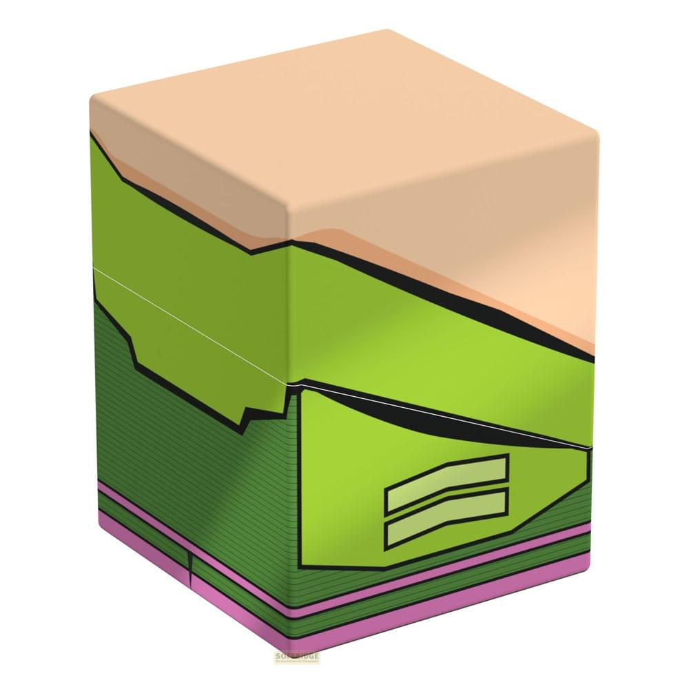 Un cube beige avec des couches vertes et roses, une ligne noire et un symbole.