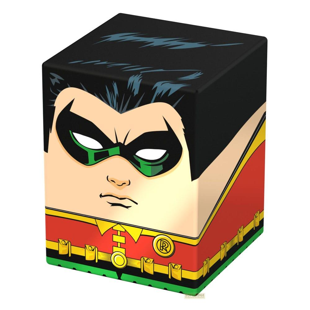 Un cube représentant le visage et le costume de Robin, cheveux noirs, masque.
