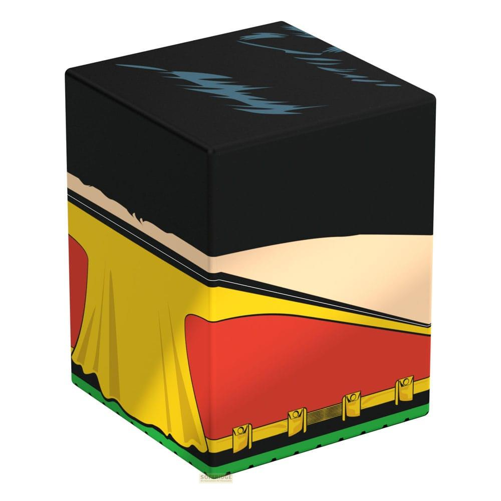 Cube noir avec design Robin : masque noir, cape jaune, chemise rouge, base verte.