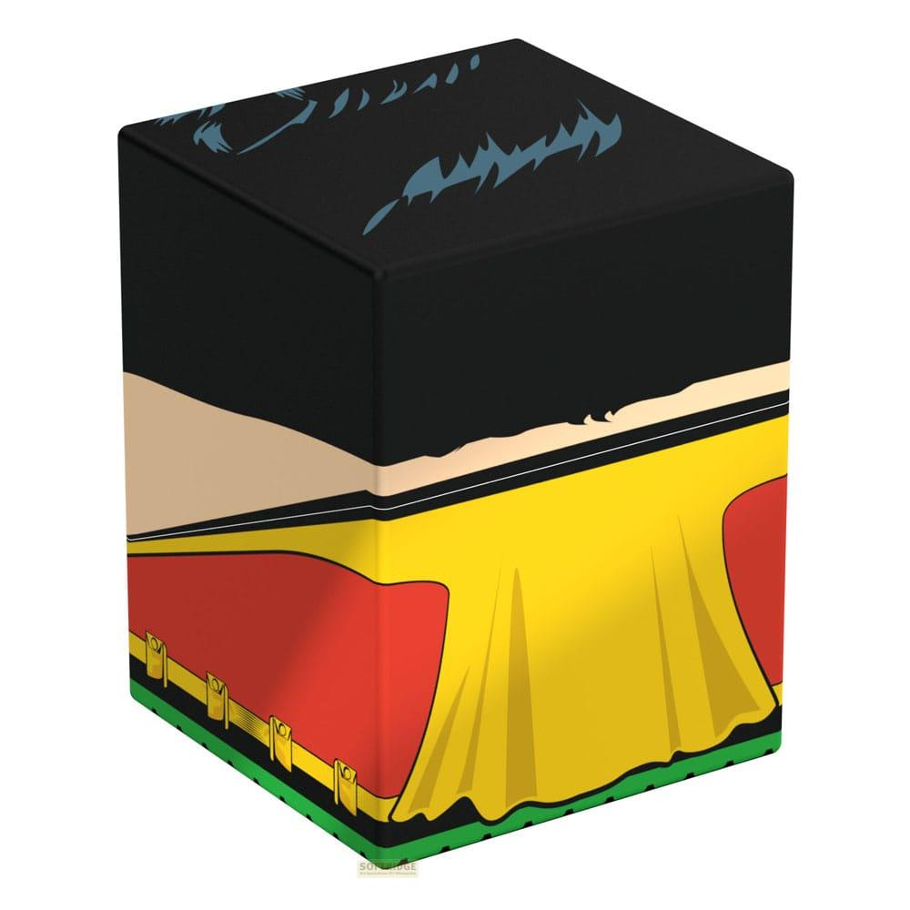 Un cube noir avec un design Robin aux couleurs jaune, rouge et verte.