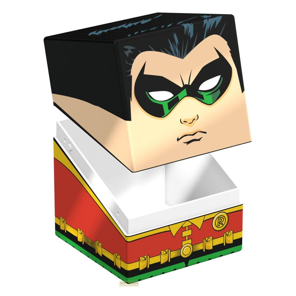 Une boîte représentant le visage et le motif du costume de Robin. Haut ouvert.