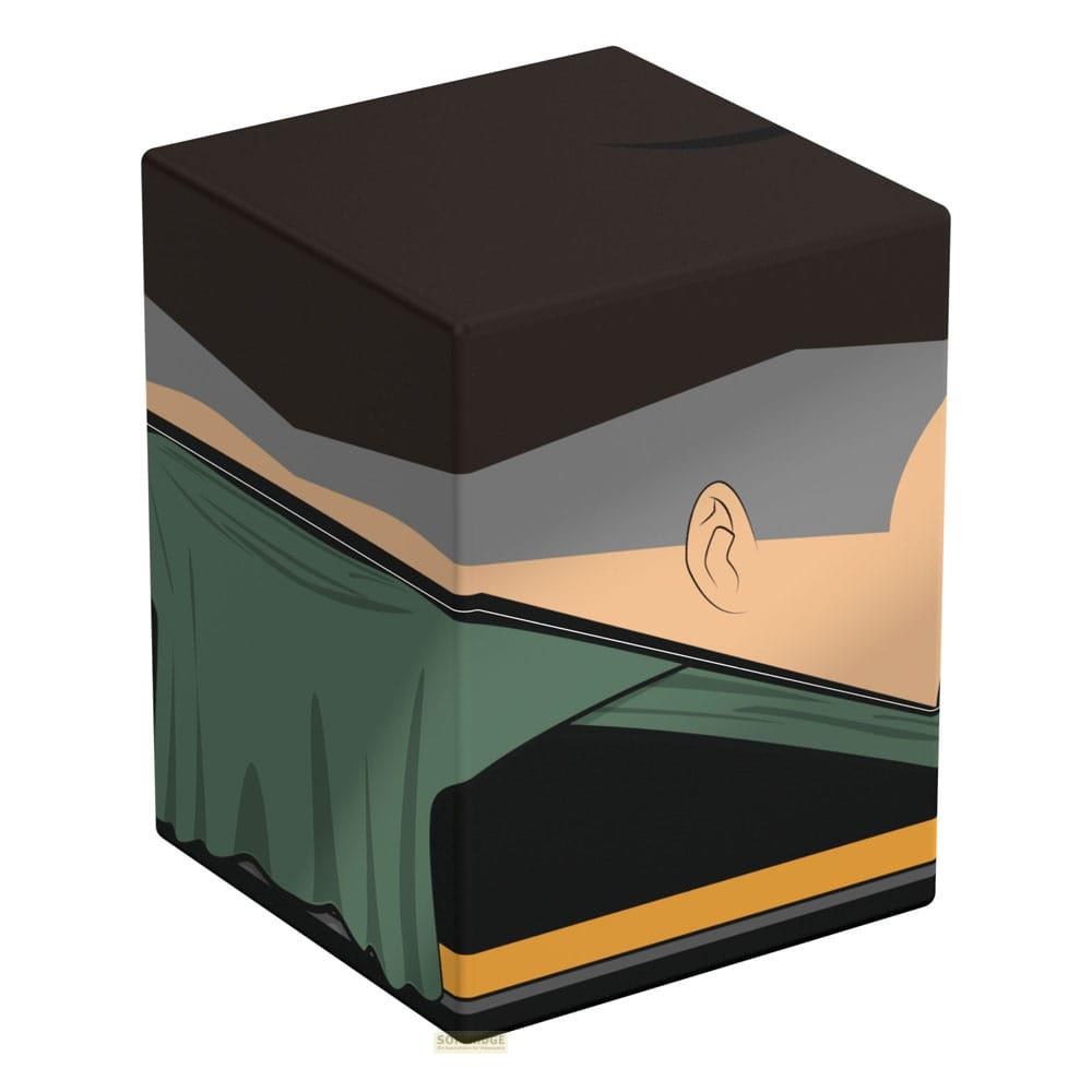 Un cube avec le graphique d'un homme de profil, cheveux sombres, vêtements verts.