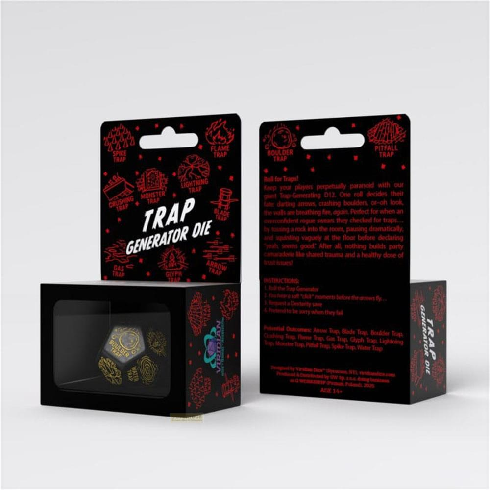 Dé et emballage pour un jeu de société sur le thème des pièges. Noir avec symboles rouges.