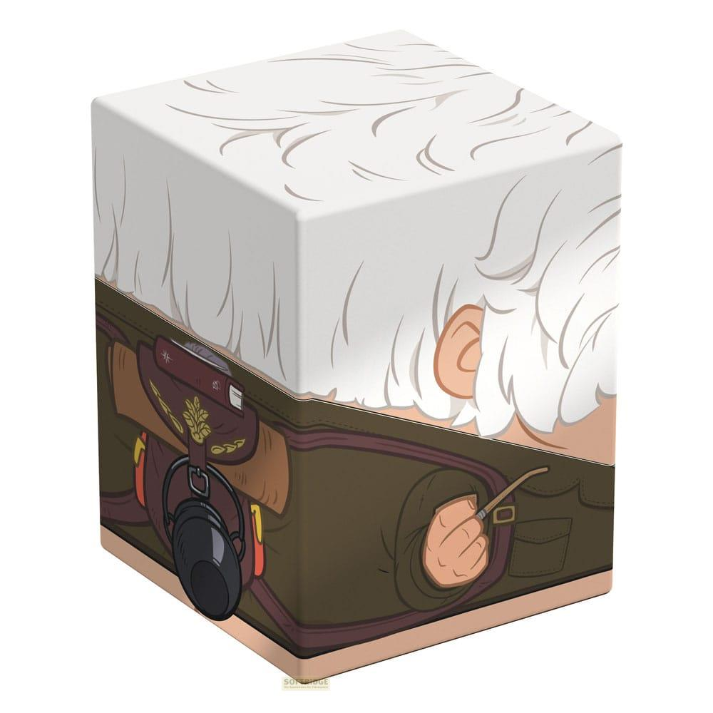 Une boîte représentant un pilote de dessin animé en combinaison de vol avec des cheveux blancs.
