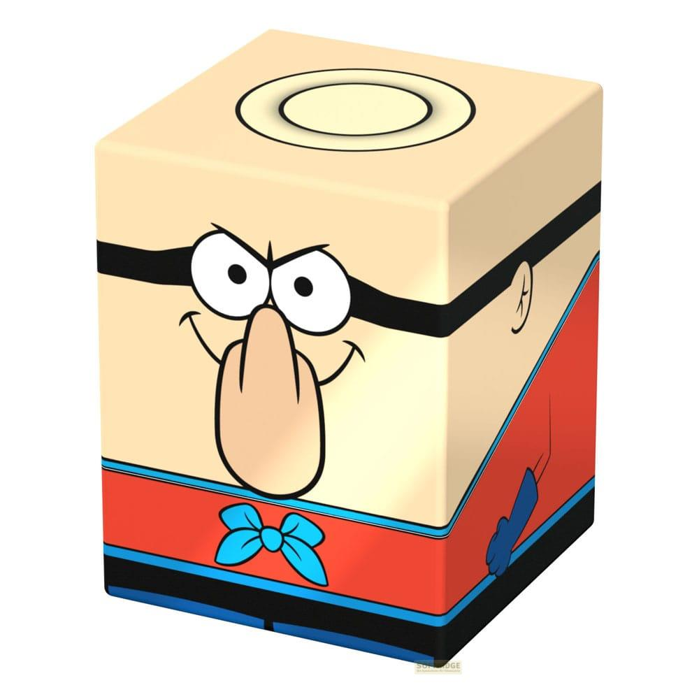 Eine beige Box mit einem Cartoon-Gesicht, einem blauen Schleifenband und einer Öffnung oben.
