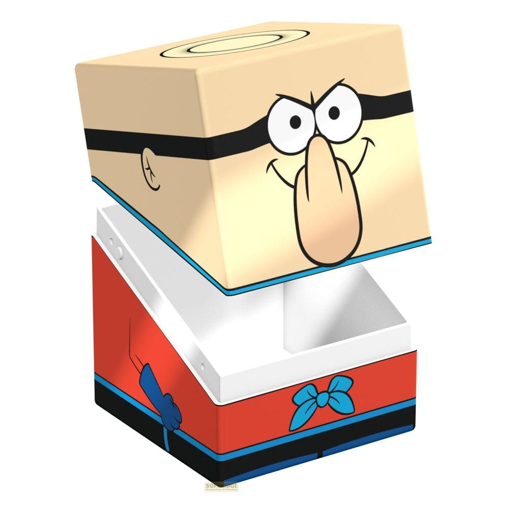 Beige Box mit Cartoon-Gesicht oben, roter Körper mit blauer Schleife unten.