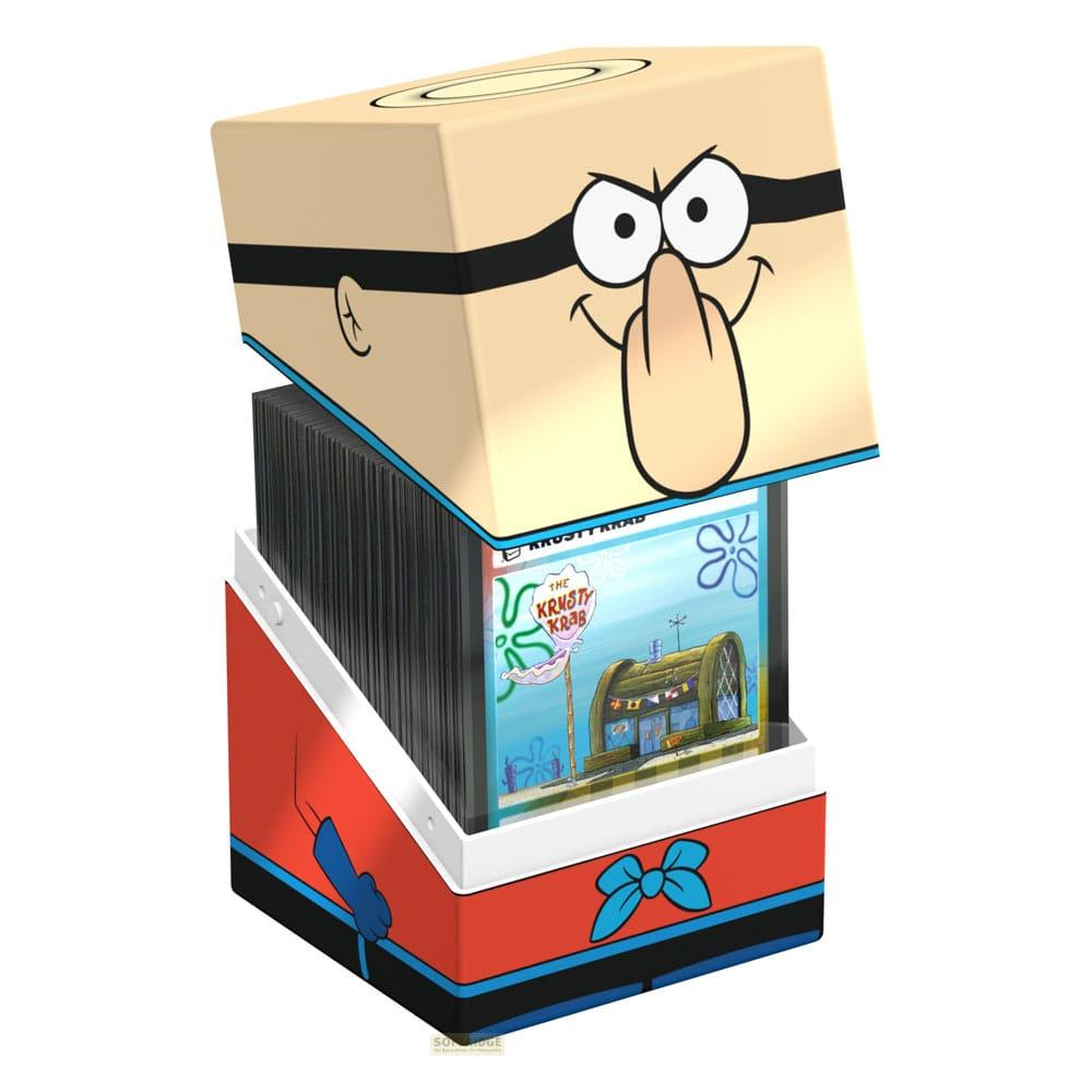 Eine Spongebob-Box mit Mr. Krabs-Gesicht oben und Krusty Krab-Karten darunter.