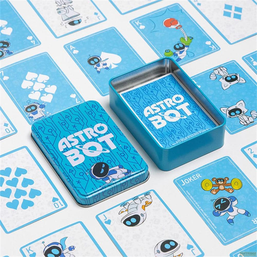 Blaue Astro Bot Spielkarten und Blechdose. Karten zeigen Roboter und Herzen.