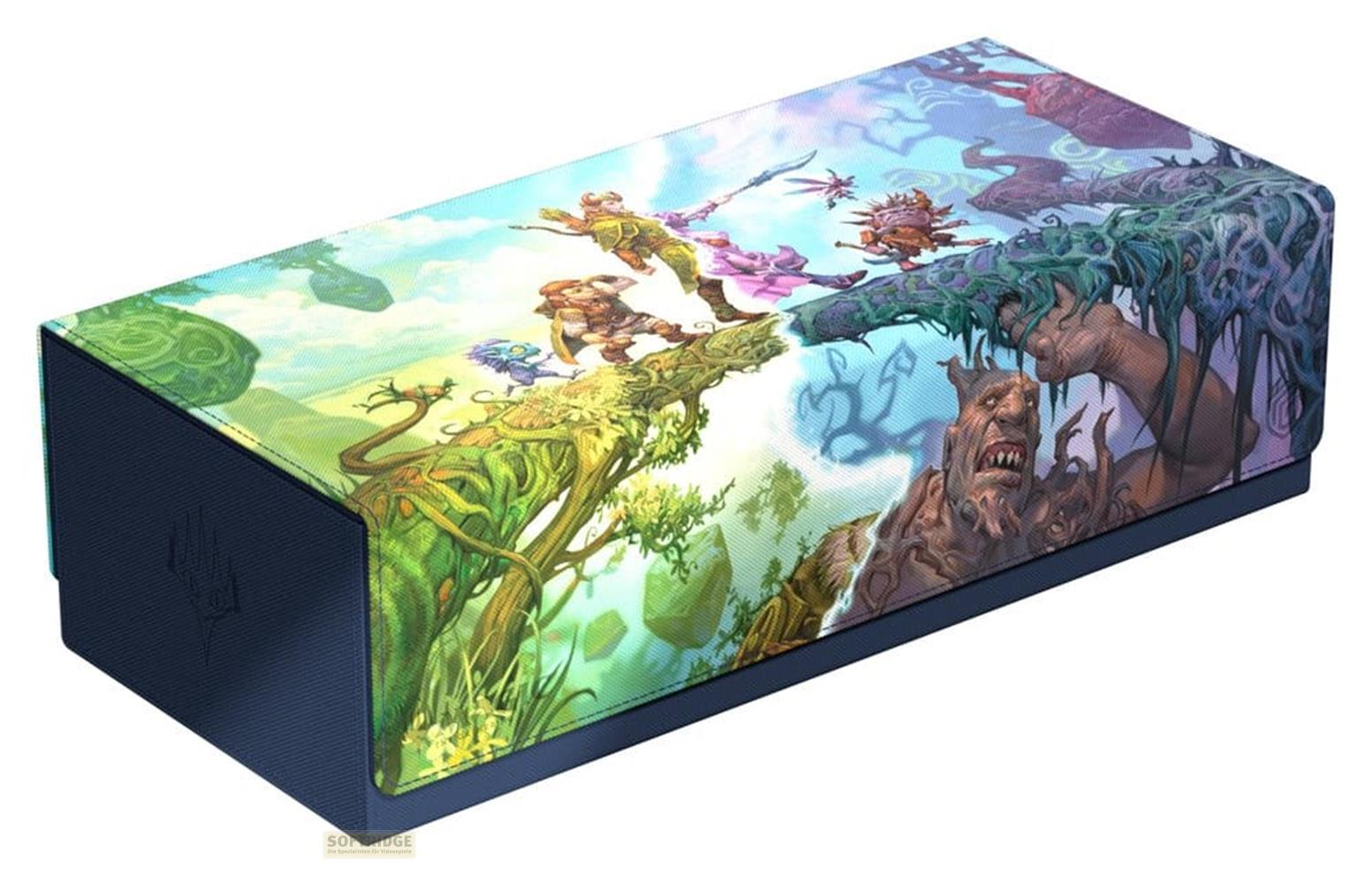 Boîte de deck fantastique avec des personnages sur une bûche sous un ciel bleu.