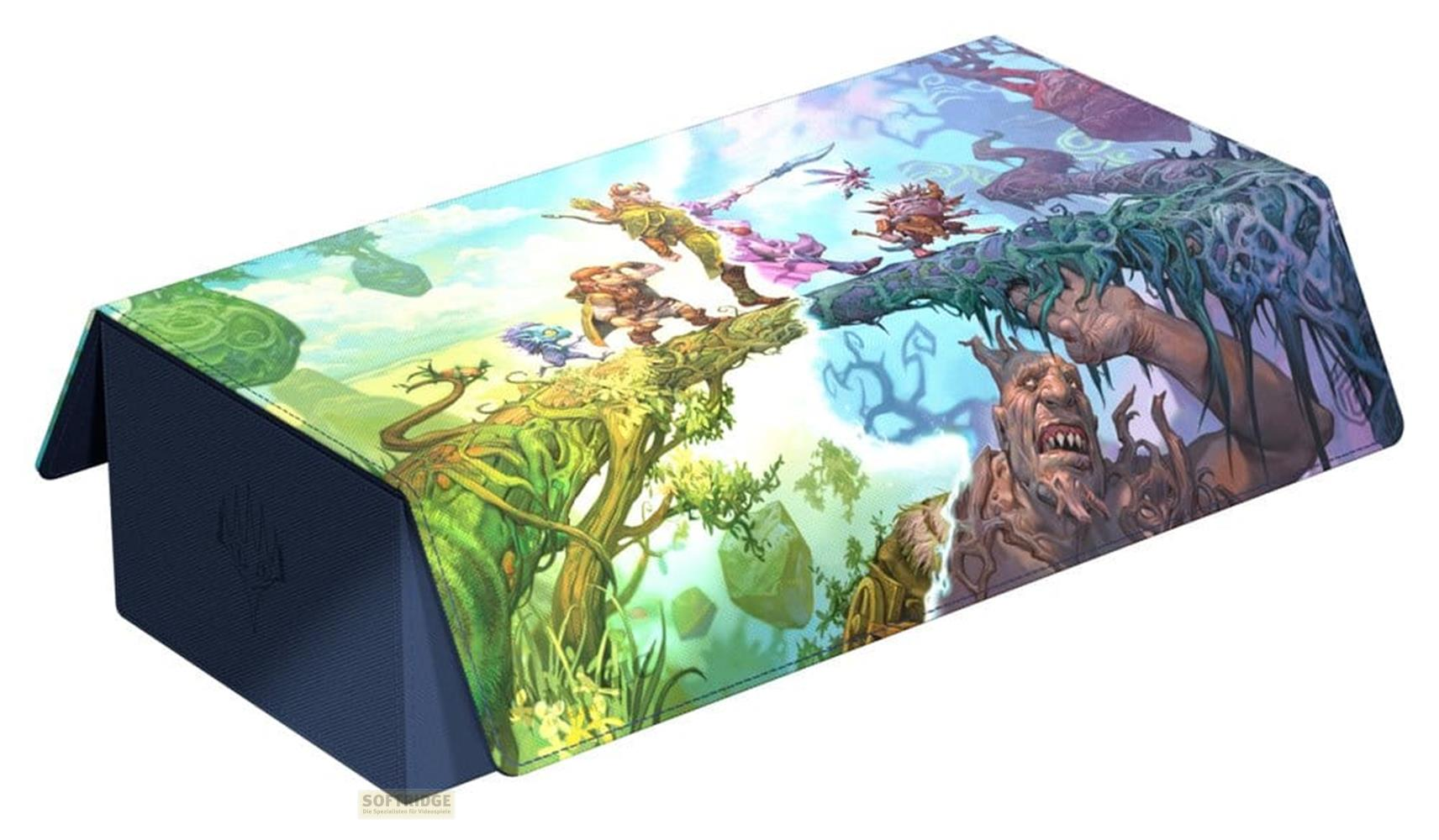 Art fantastique sur une boîte : créatures et personnes dans un monde vert et bleu vibrant.