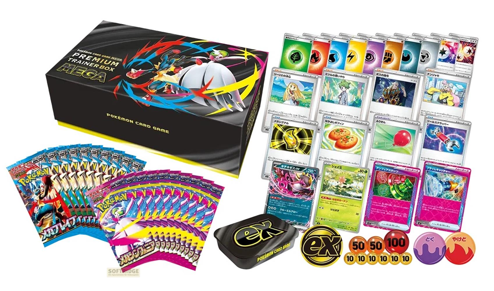 Pokémon Premium Trainer Box Mega avec paquets de cartes, cartes de jeu et accessoires sur fond blanc.