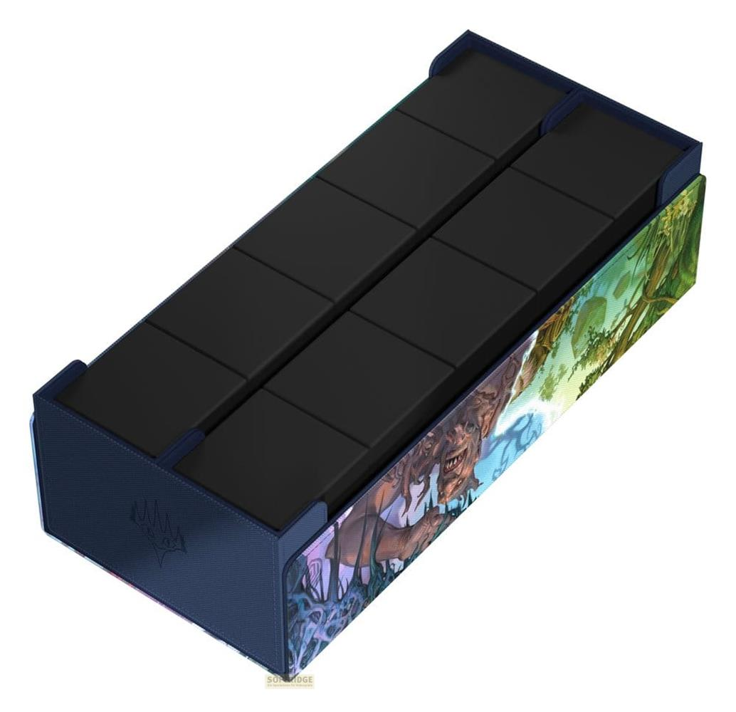 Une boîte à cartes bleue aux côtés illustrés, montrant huit compartiments noirs.