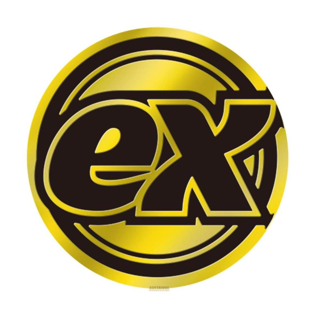 Autocollant rond noir et or avec le logo « ex ».