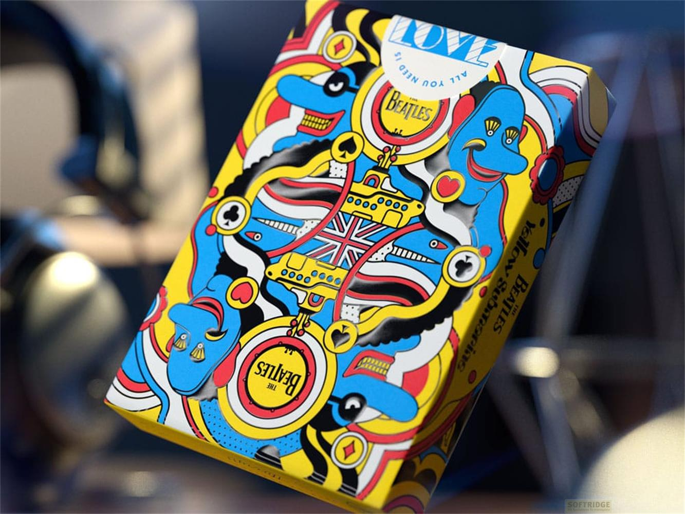 Bunte Beatles Yellow Submarine Kartenschachtel mit Union Jack und Zeppelinen.