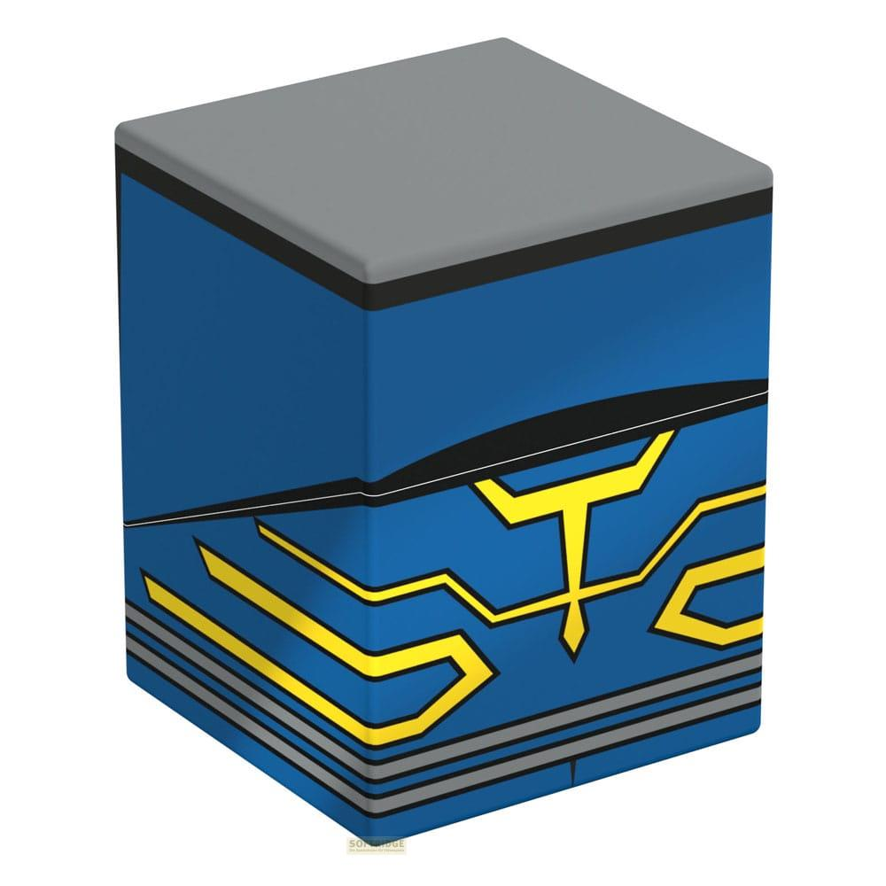 Eine blaue Box mit gelben und grauen Linien, oben grau.