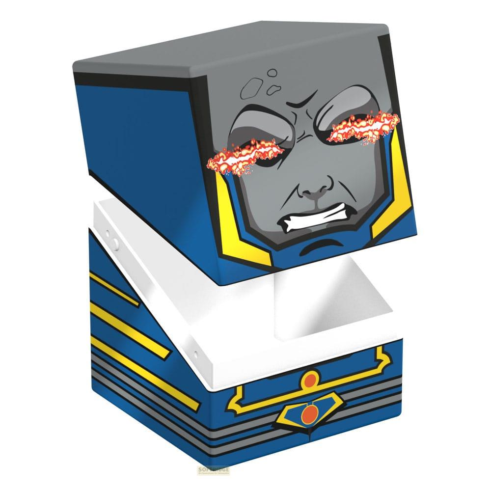 Ein blauer und grauer Behälter mit einem Cartoon-Gesicht und roten Strahlen aus den Augen.
