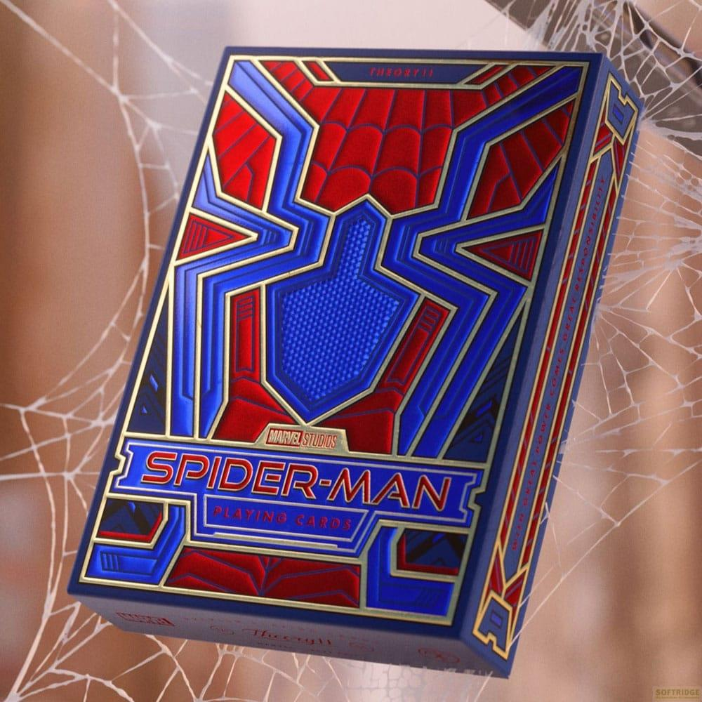 Un mazzo di carte di Spiderman rosso e blu, circondato da ragnatele.