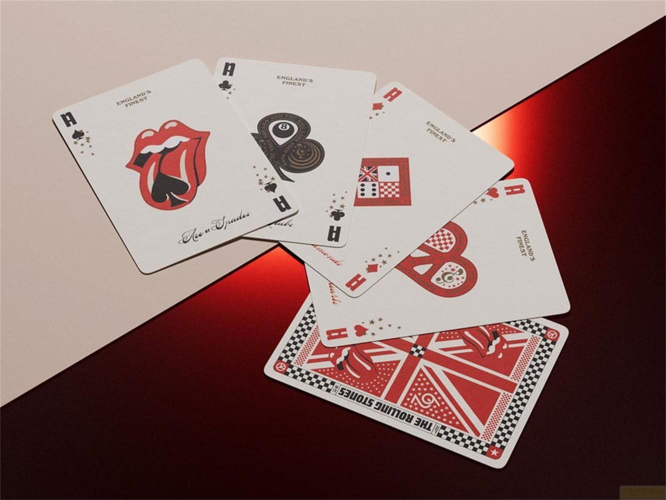 Spielkarten mit Rolling Stones Logo, Union Jack und "England's Finest".