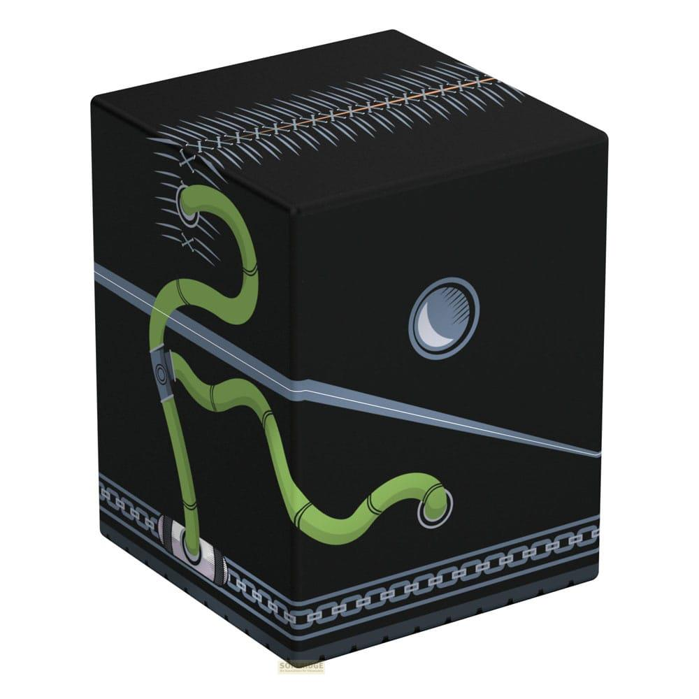 Schwarze Box mit grüner Schlange, Faden und Kreis-Design.