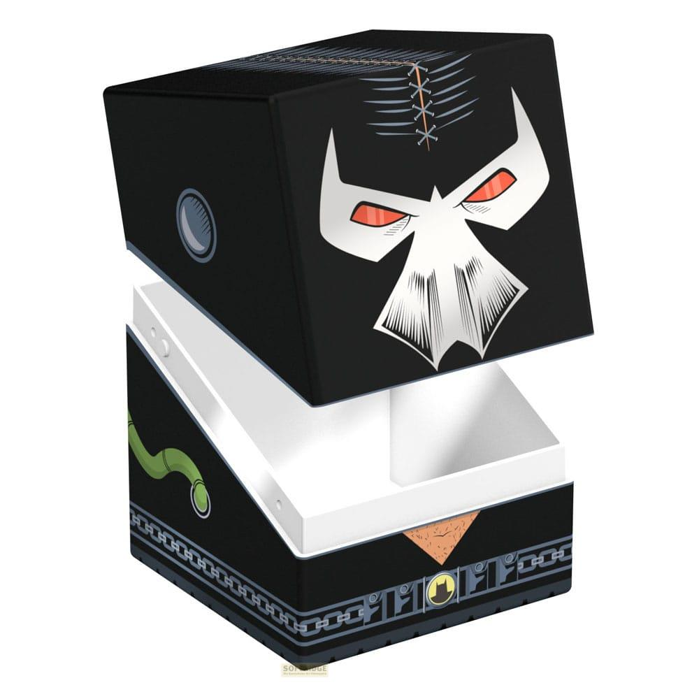 Schwarze Box mit Bane-Masken-Design, geöffnet, mit weißem Innenraum.
