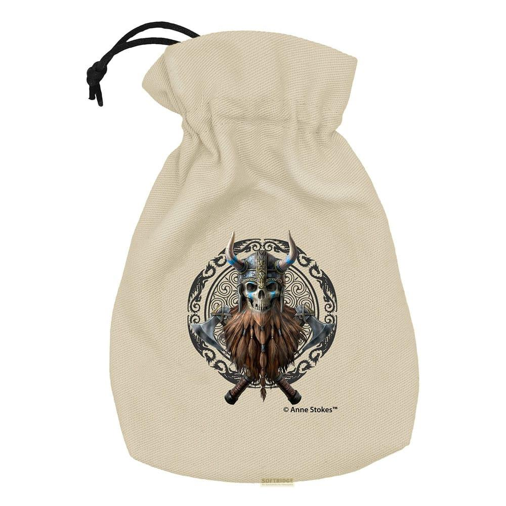 Sacchetto di stoffa beige con teschio vichingo e asce incrociate.