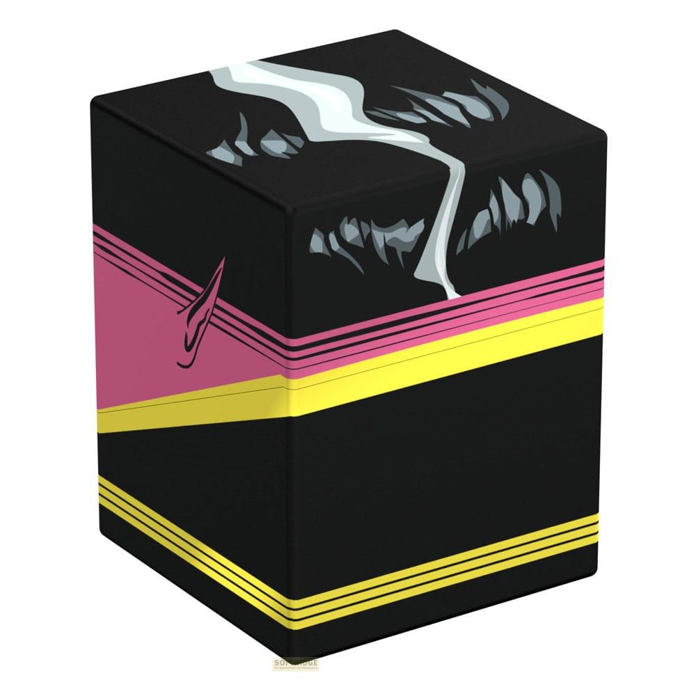 Schwarze Box mit rosa, gelben und weißen Linien und einem grauen Muster oben.
