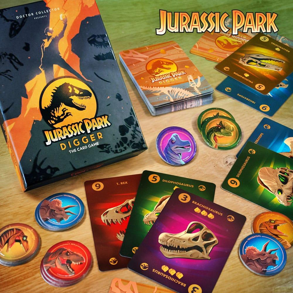 Jeu de cartes Jurassic Park Digger avec cartes de dinosaures, jetons et boîte.