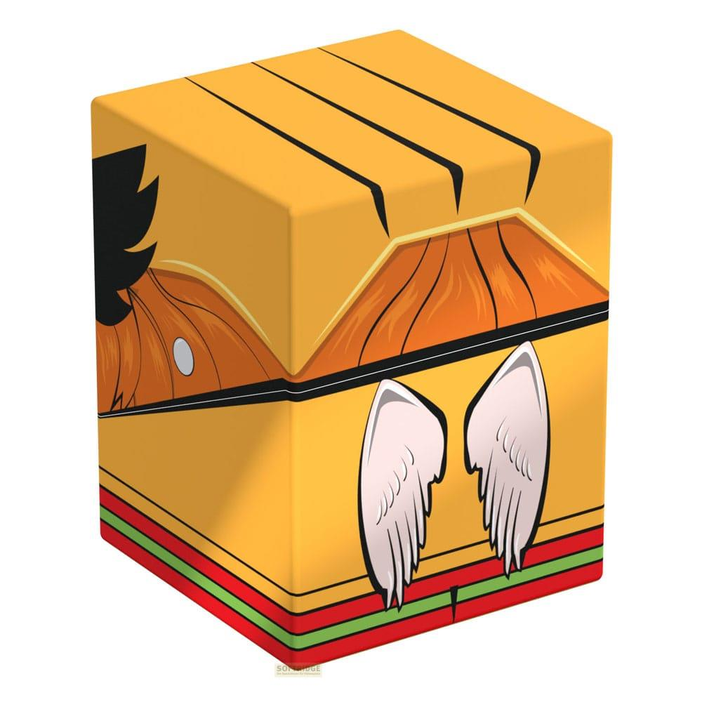 Ein gelber Würfel mit schwarzen Linien, orangefarbenem Haar und weißen Flügeln.