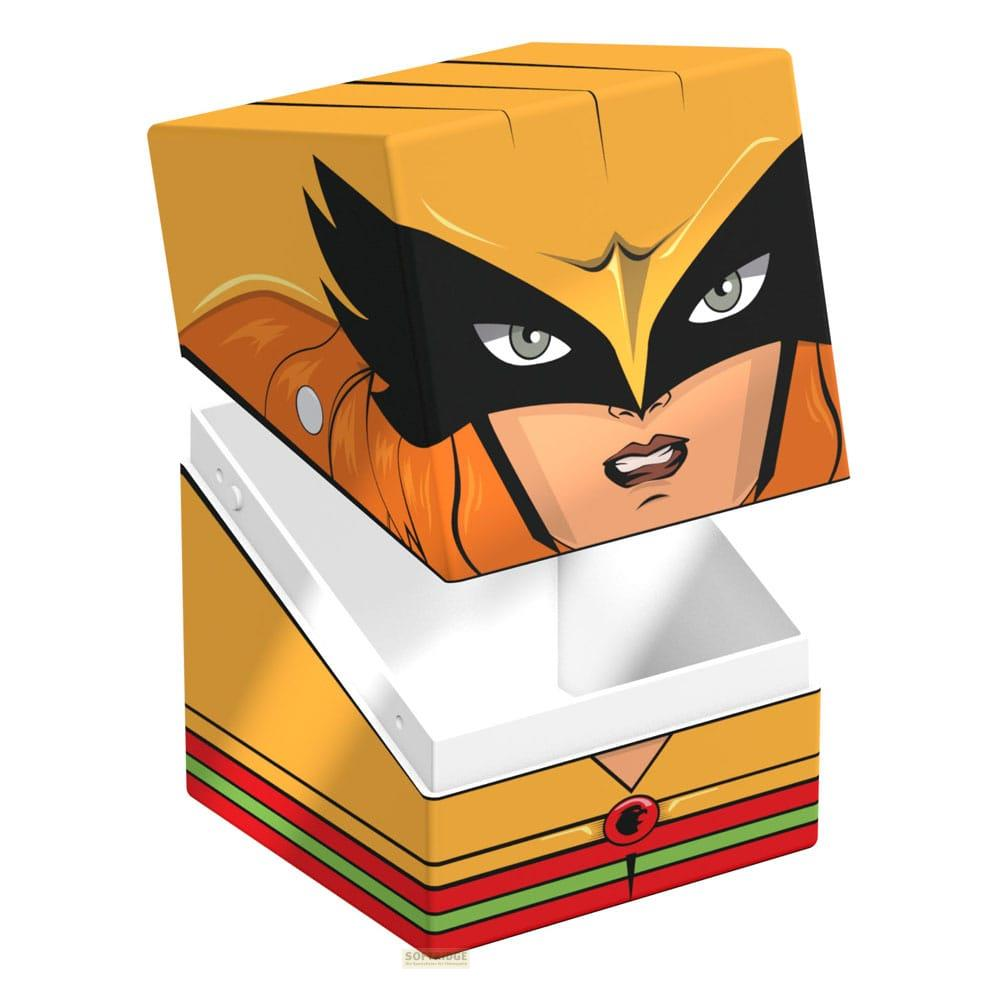 Gelbe Box mit dem Gesicht einer Frau in gelber Maske und orangefarbenen Haaren.