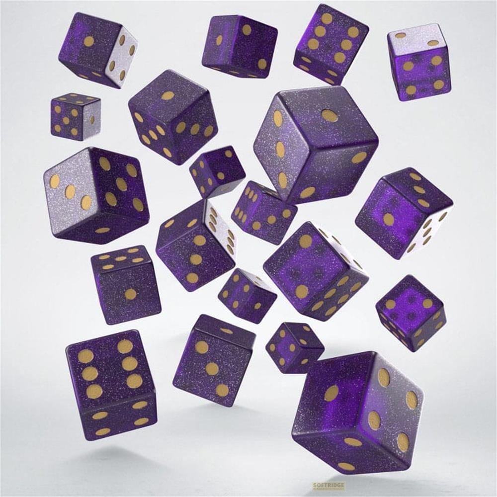 Molti dadi viola con punti dorati fluttuano su sfondo bianco.